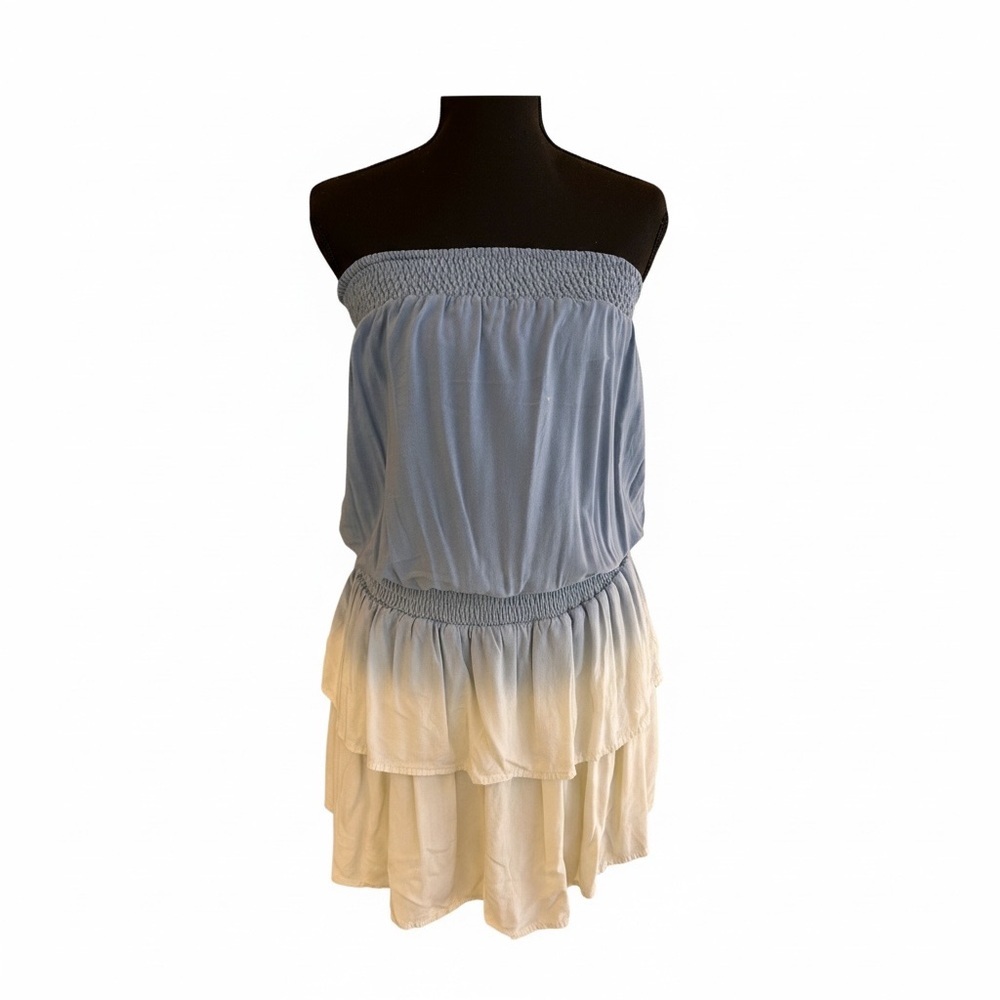 Mustard Seed Light Blue and Cream Strapless Tiered Dress/Romper